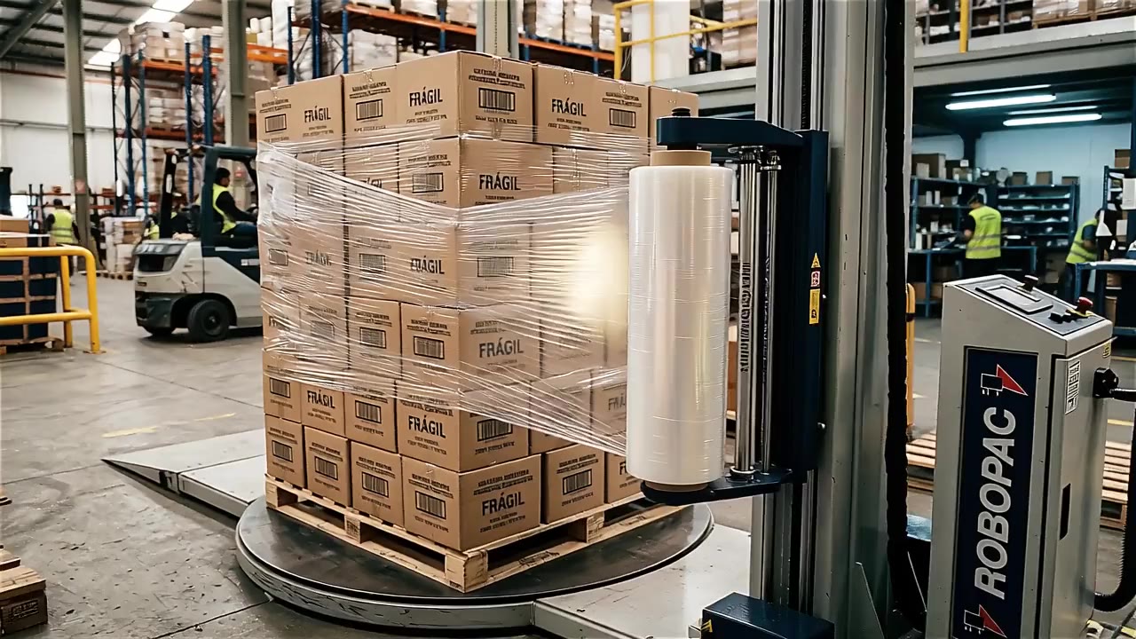 Rollo de stretch film industrial envolviendo pallets en depósito